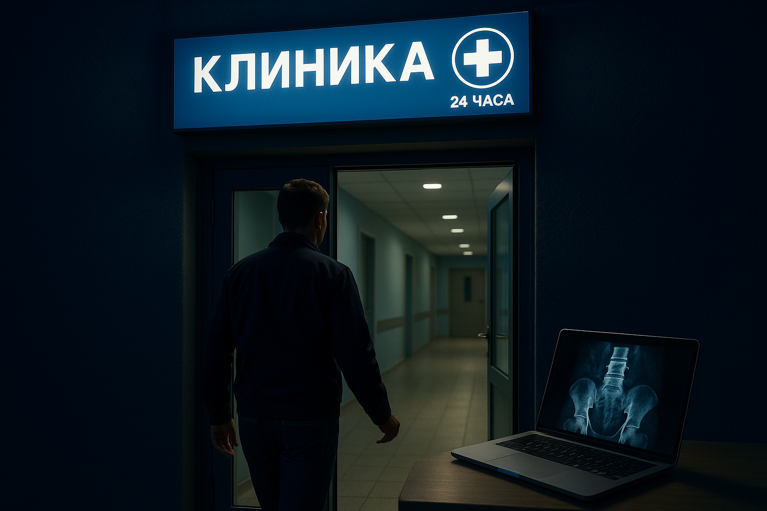 Мужчина заходит в круглосуточную клинику ночью.