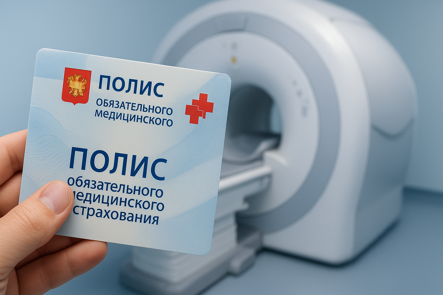 Полис ОМС в руке перед аппаратом МРТ.