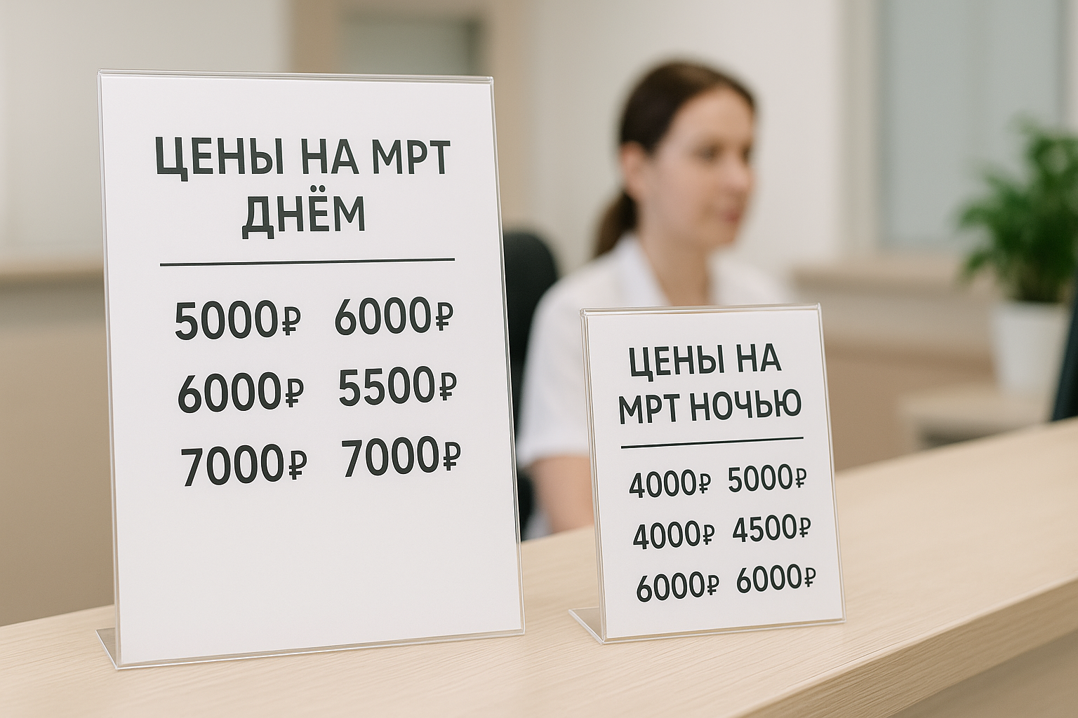 Два прайса на стойке администратора с ценами на МРТ днем и ночью.