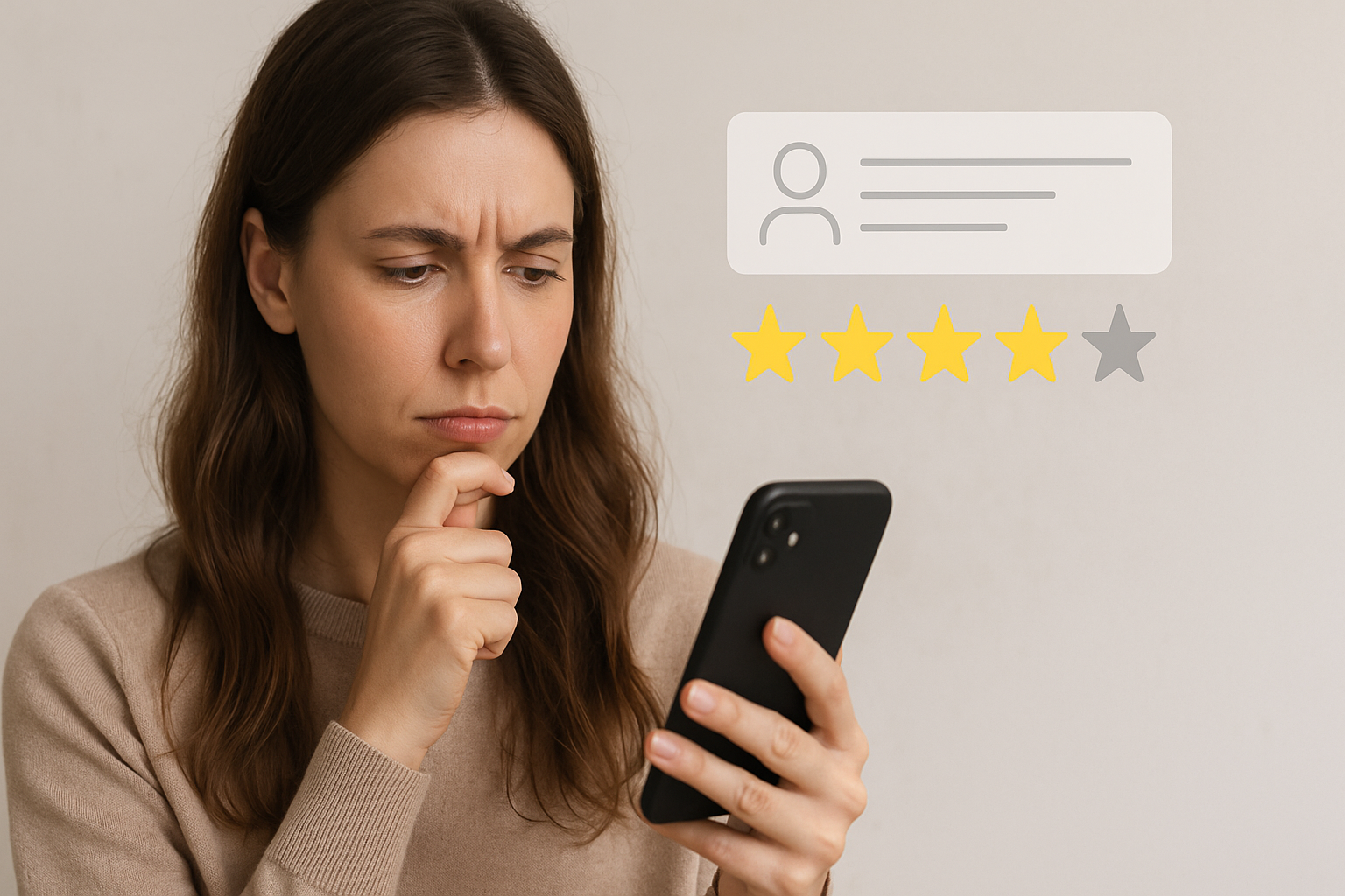 Женщина задумчиво читает отзывы на экране смартфона.