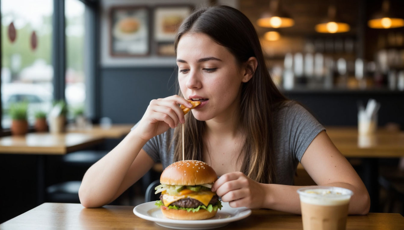 Девушка ест бургер в кафе.