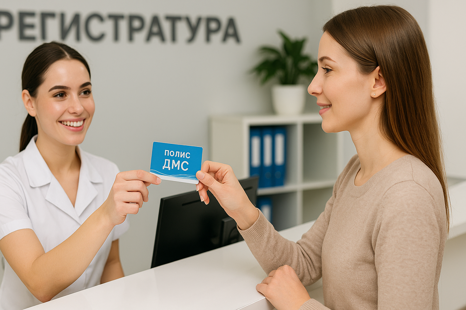 Пациентка подает полис ДМС в регистратуру клиники.