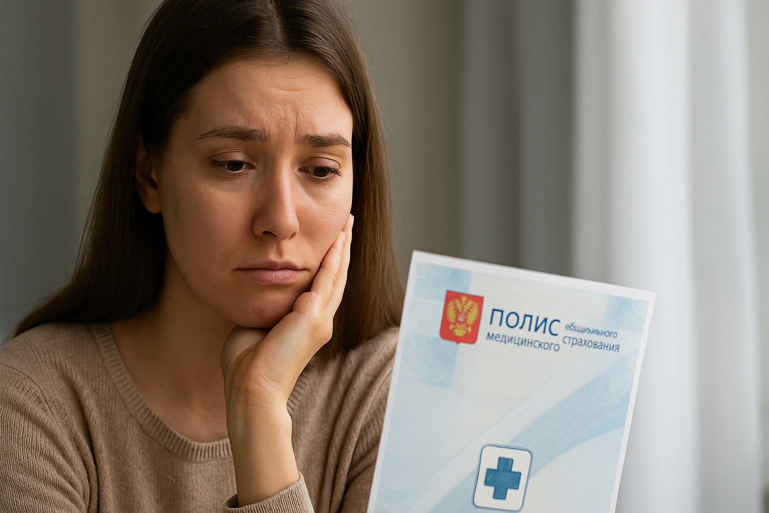 Женщина с грустью смотрит на полис ОМС.