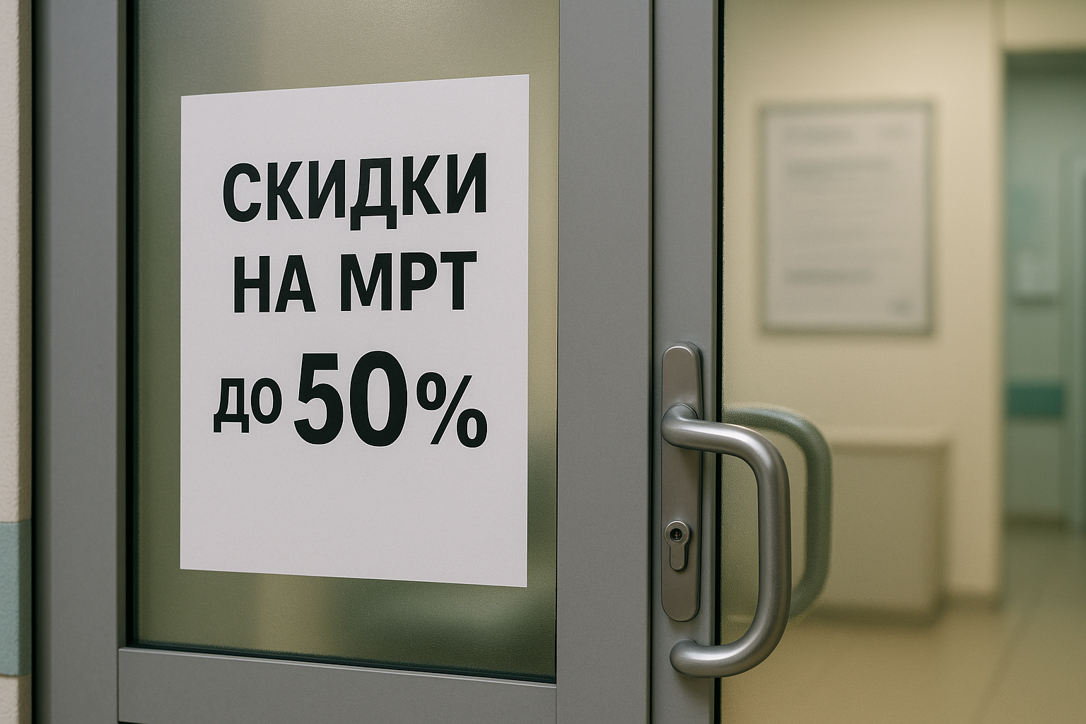 Объявление о скидках на МРТ на двери клиники.