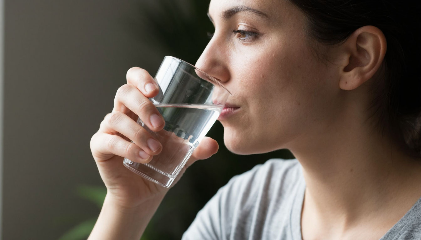 Женщина пьет воду из стакана.