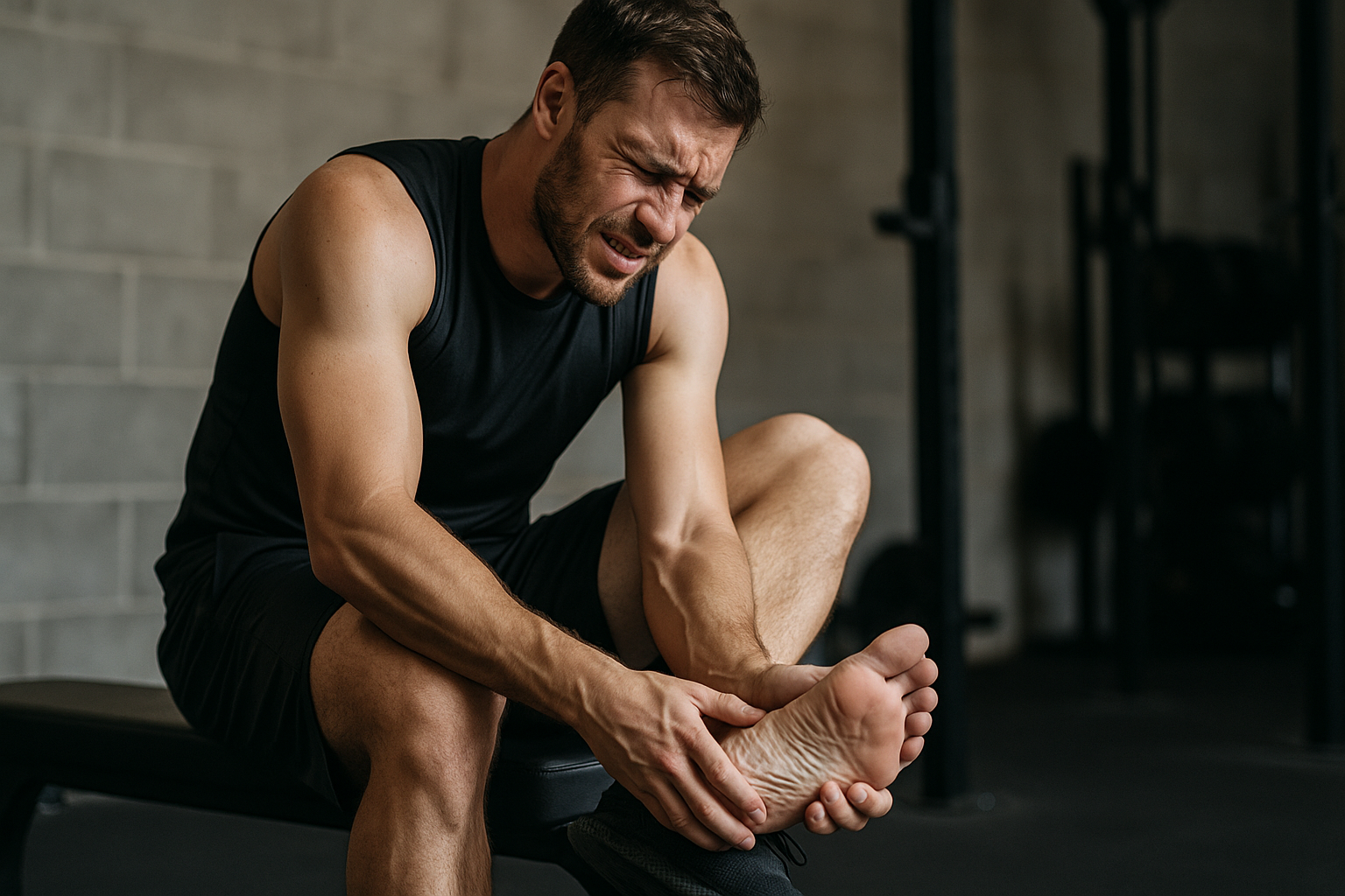 Спортсмен держится за больную стопу.
