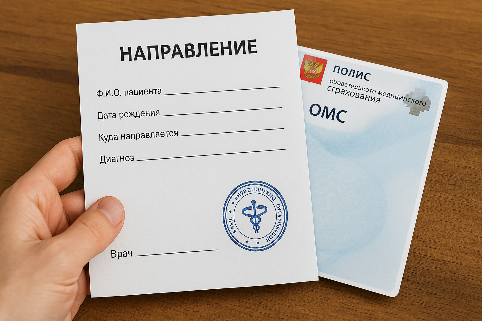 Направление на обследование и полис ОМС.
