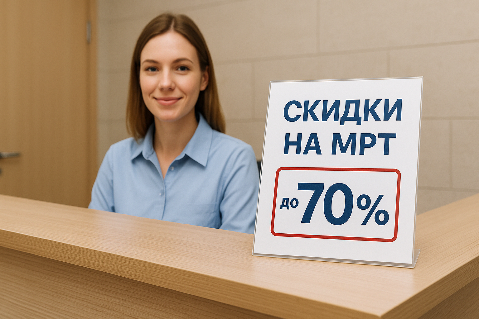 Объявление о скидках на МРТ до 70% на стойке администратора.