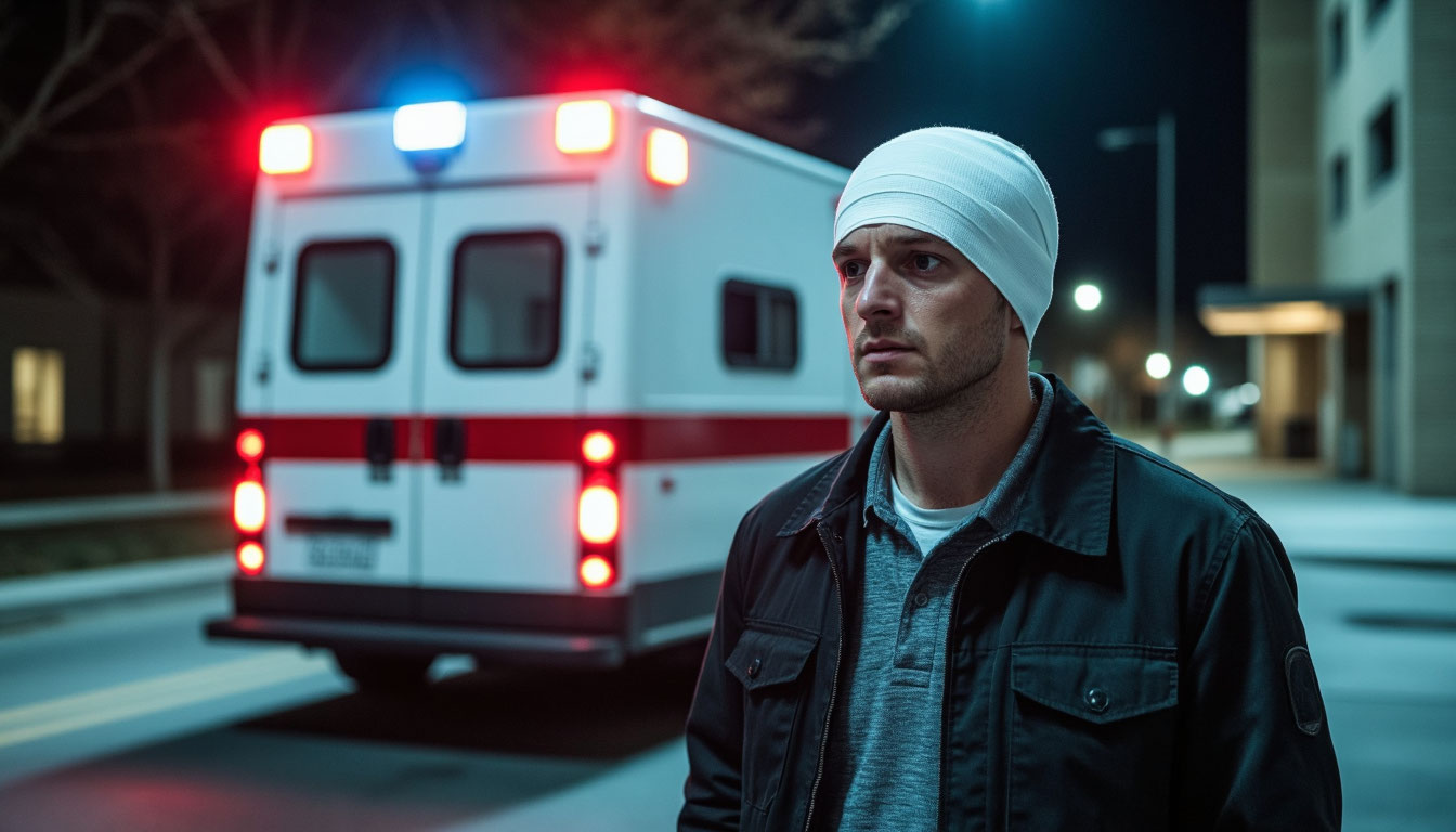 Мужчина с перевязанной головой рядом со скорой.