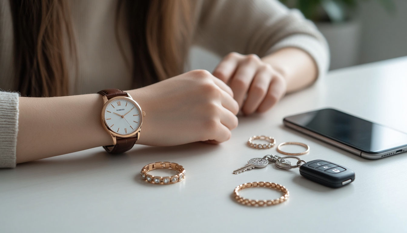 Украшения и гаджеты на столе.