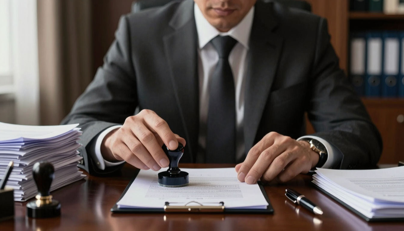 Чиновник ставит печать на документы.