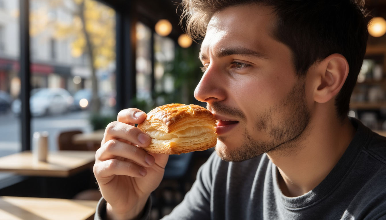 Мужчина есть булочку.
