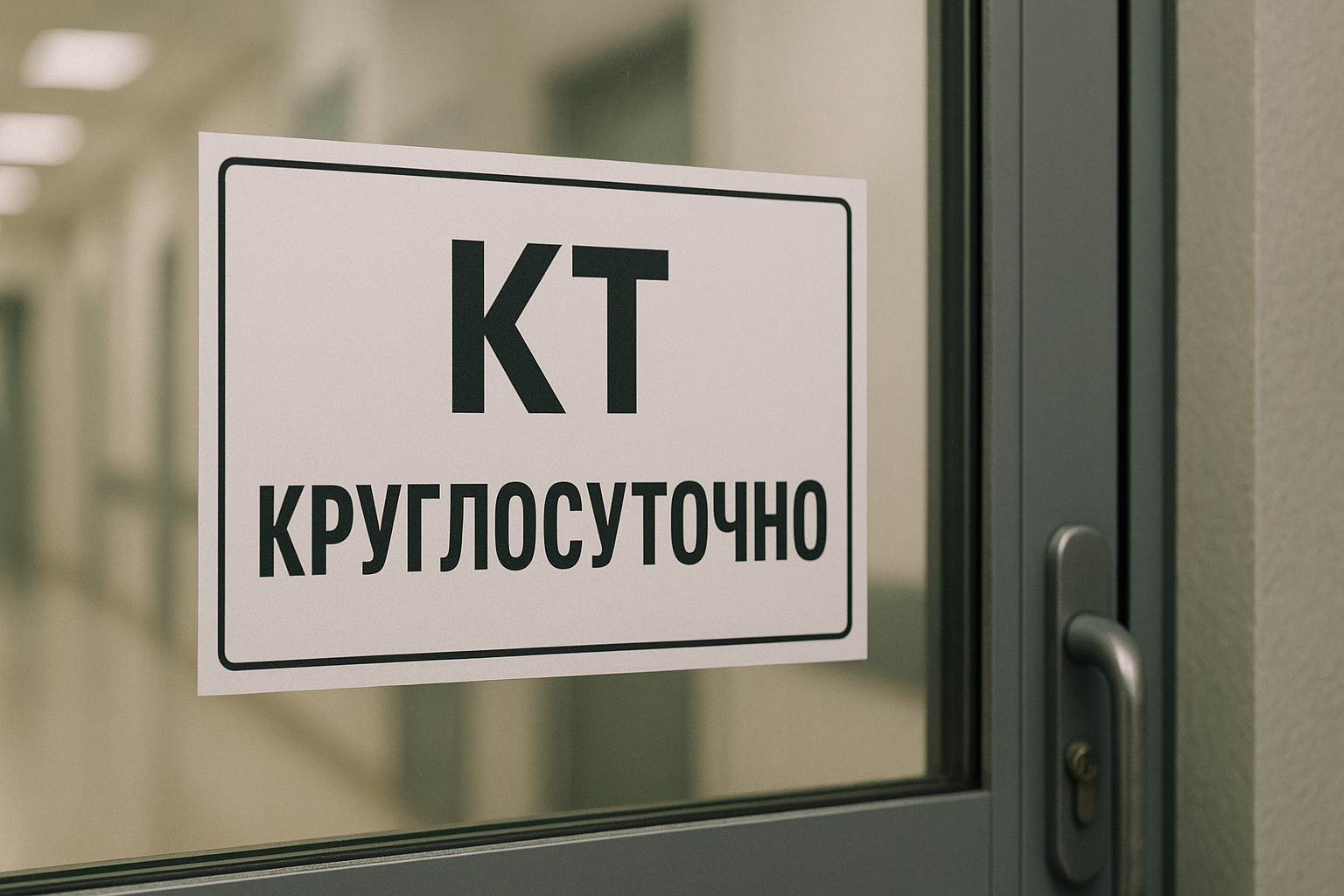 Объявление о круглосуточном КТ на двери клиники.
