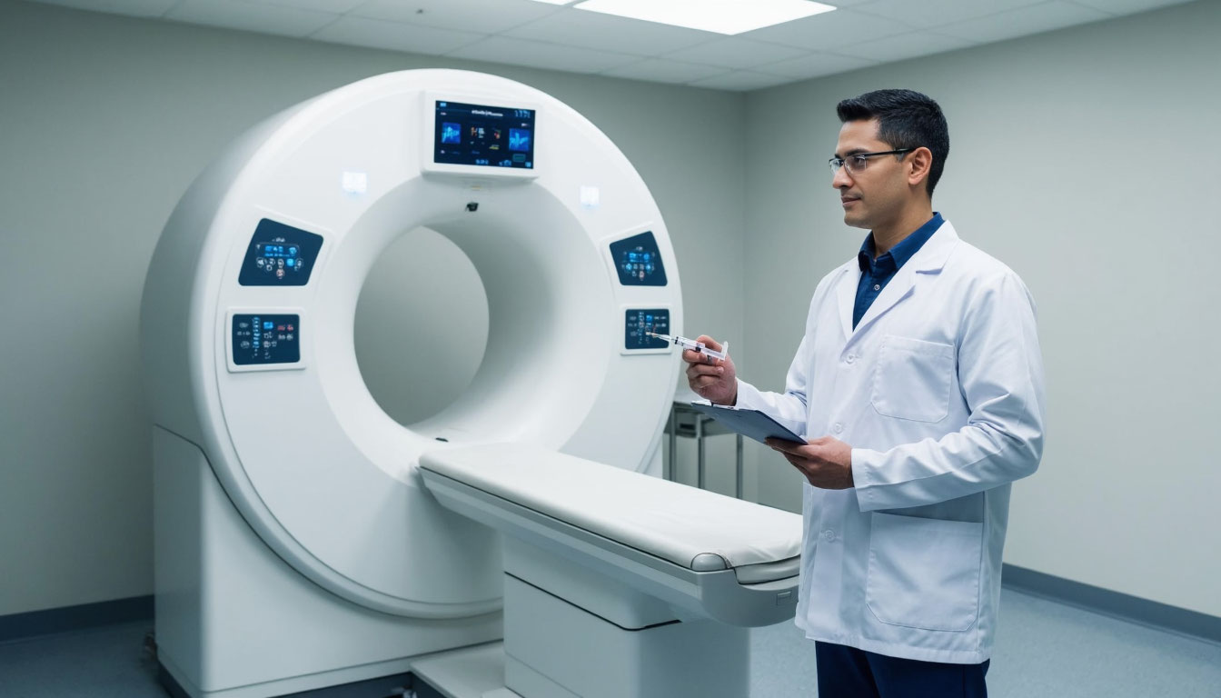 Врач со шприцем перед компьютерным томографом.