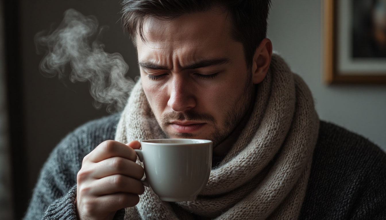 Простывший мужчина с чашкой горячего чая в руке.