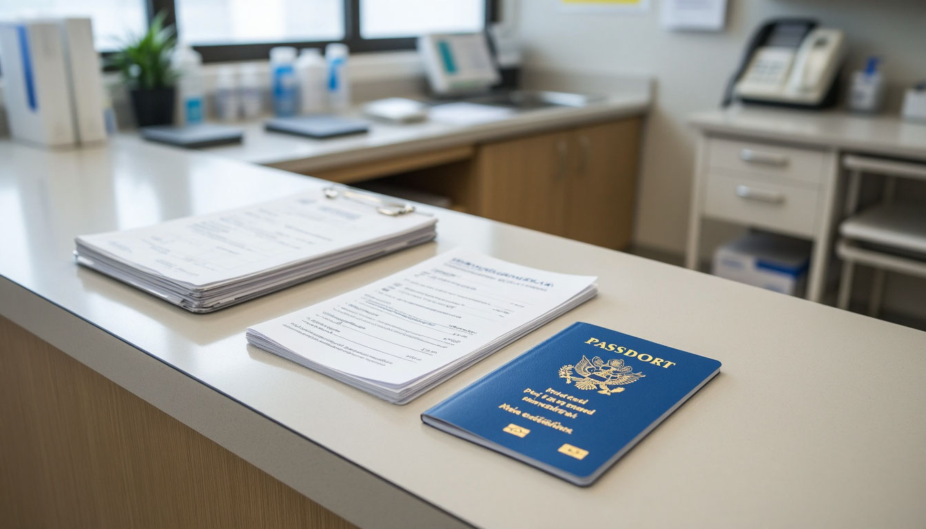 Документы пациента на стойке регистрации в клинике.