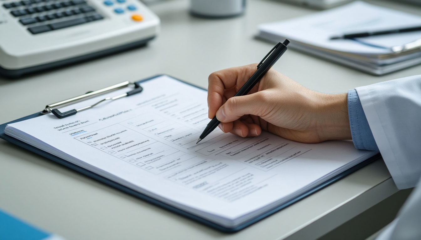 Рука врача заполняет документы.