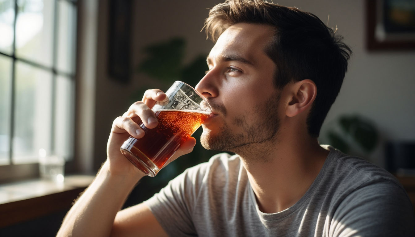 Мужчина пьет газировку.