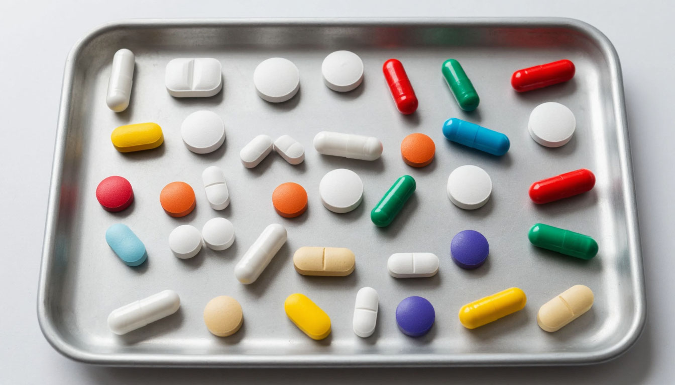 Разноцветные таблетки в медицинском латке.