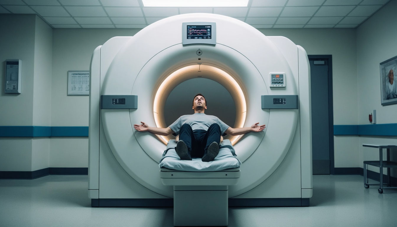 Мужчина раскинул руки в аппарате МРТ.