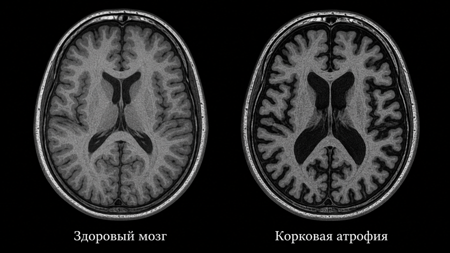 Корковая атрофия на снимке МРТ в сравнении со здоровым мозгом.