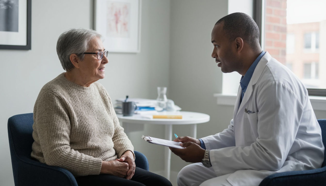 Пожилая пациентка на приеме у врача.