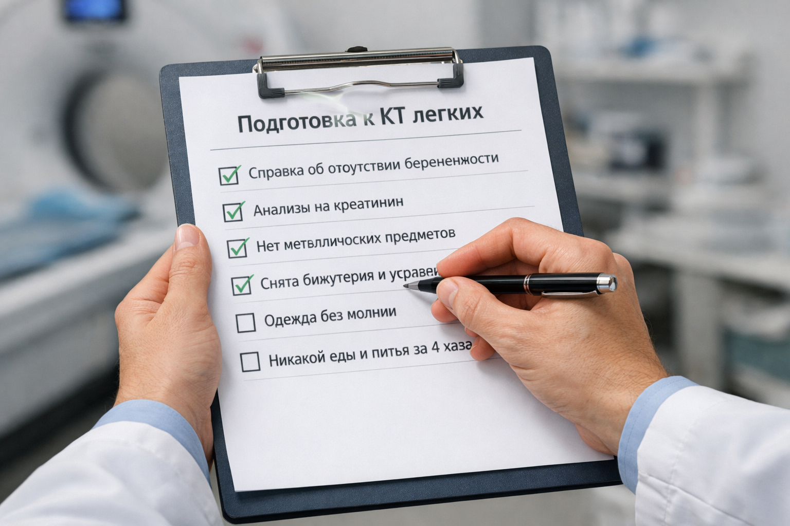 Чек-лист пошаговой подготовки к КТ легких в руках врача.