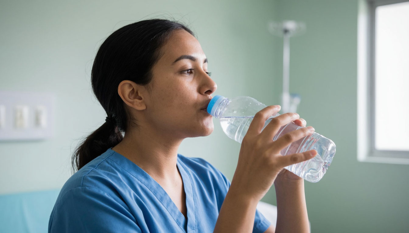 Пациентка пьет воду.