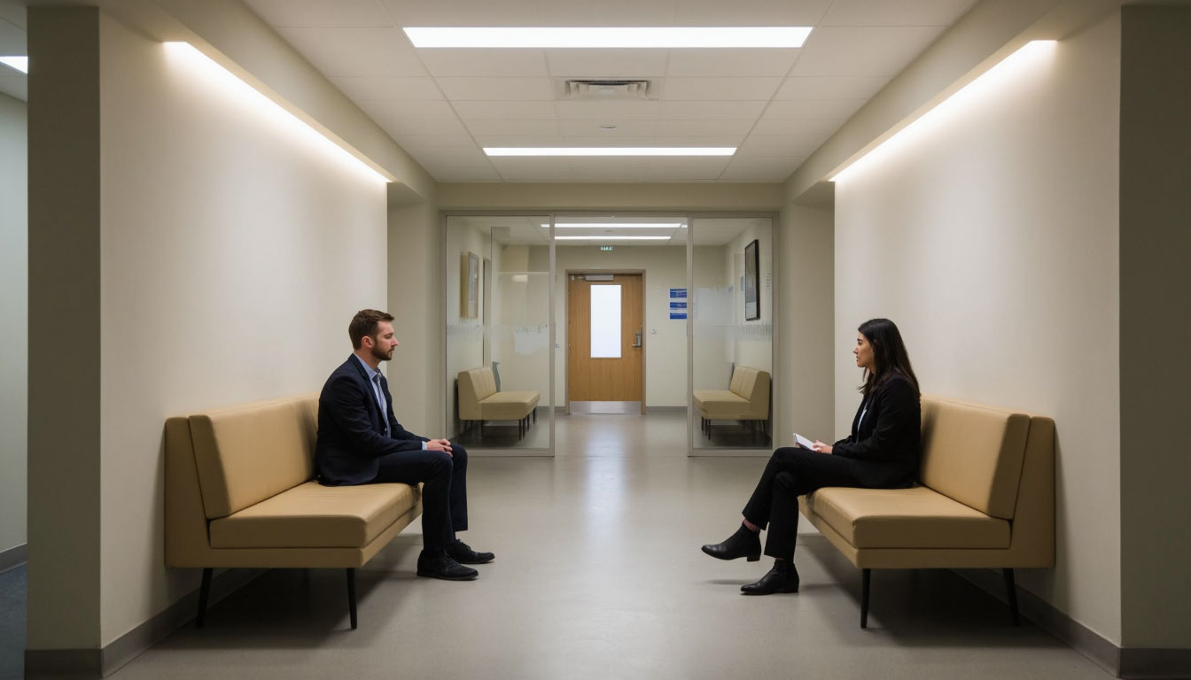 Мужчина и женщина в фойе клиники.