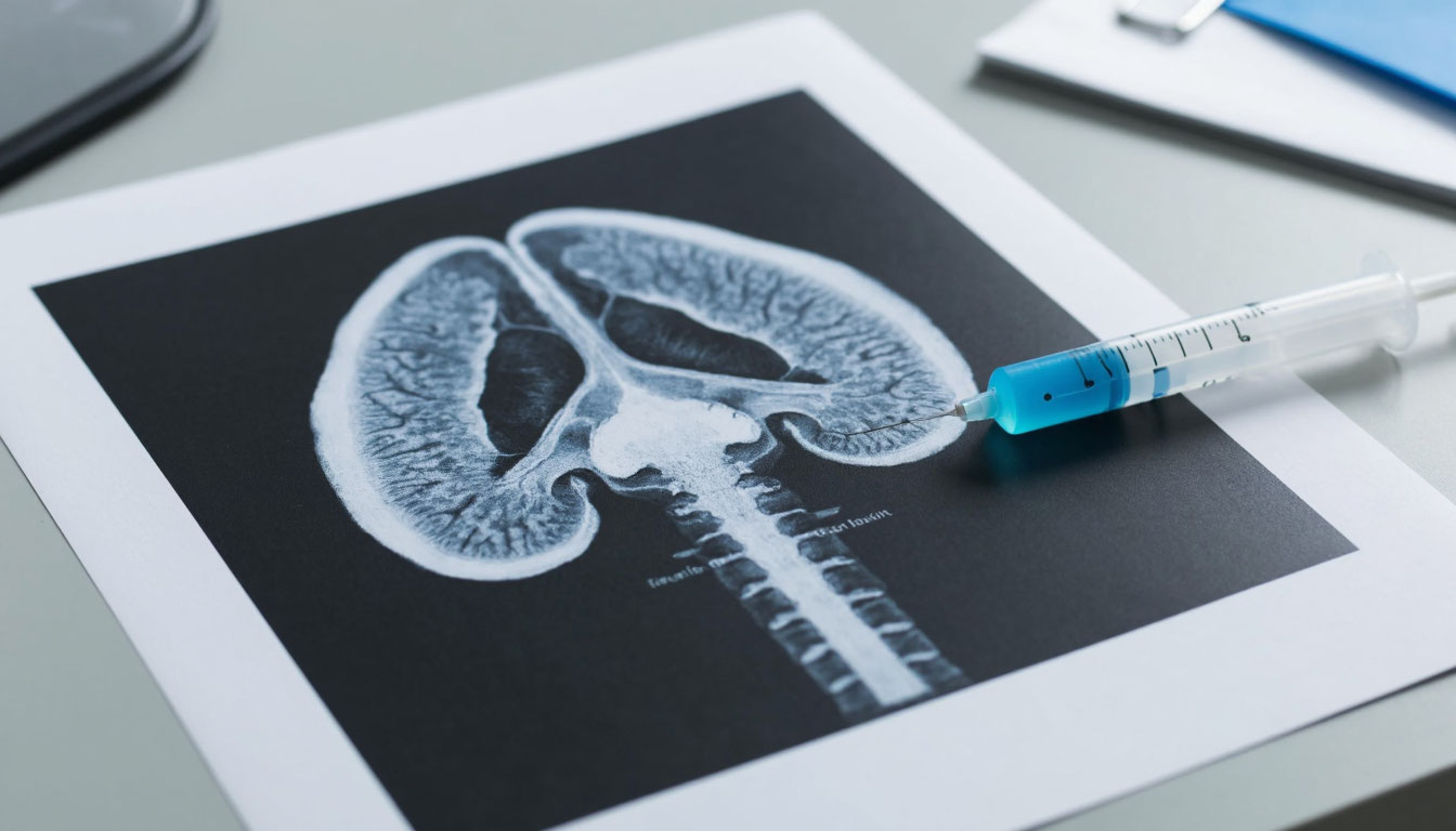 Снимок КТ железы и шприц на столе врача.