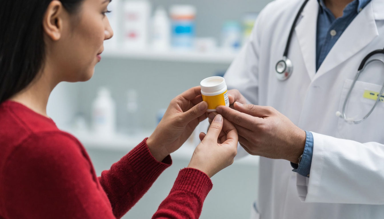 Врач выдает лекарство.