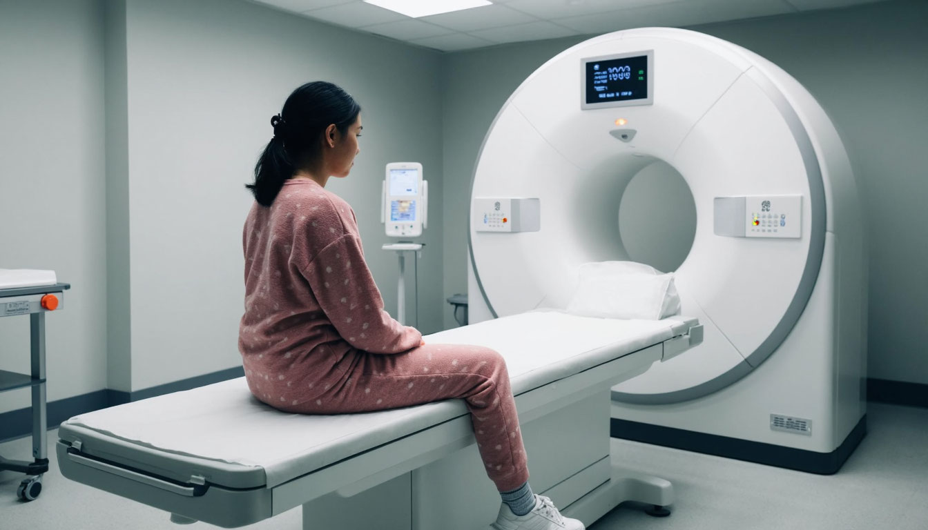 Пациентка готовится к компьютерной томографии.