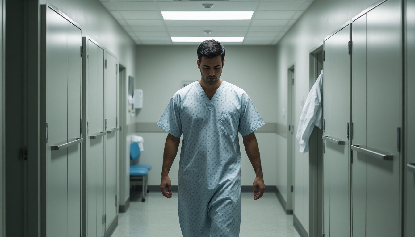 Пациент в больничной пижаме в клинике.