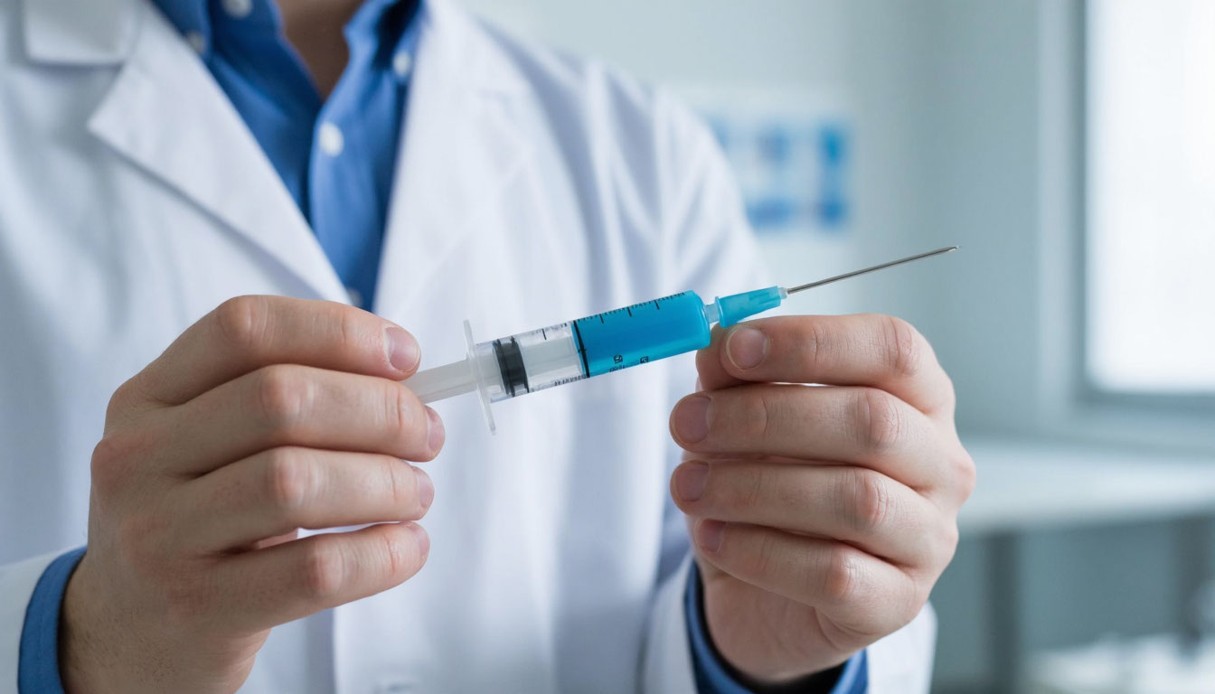 Шприц с лекарством в руках врача.