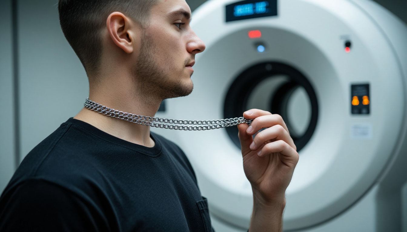 Металлическая цепочка на шее у мужчины в кабинете КТ.