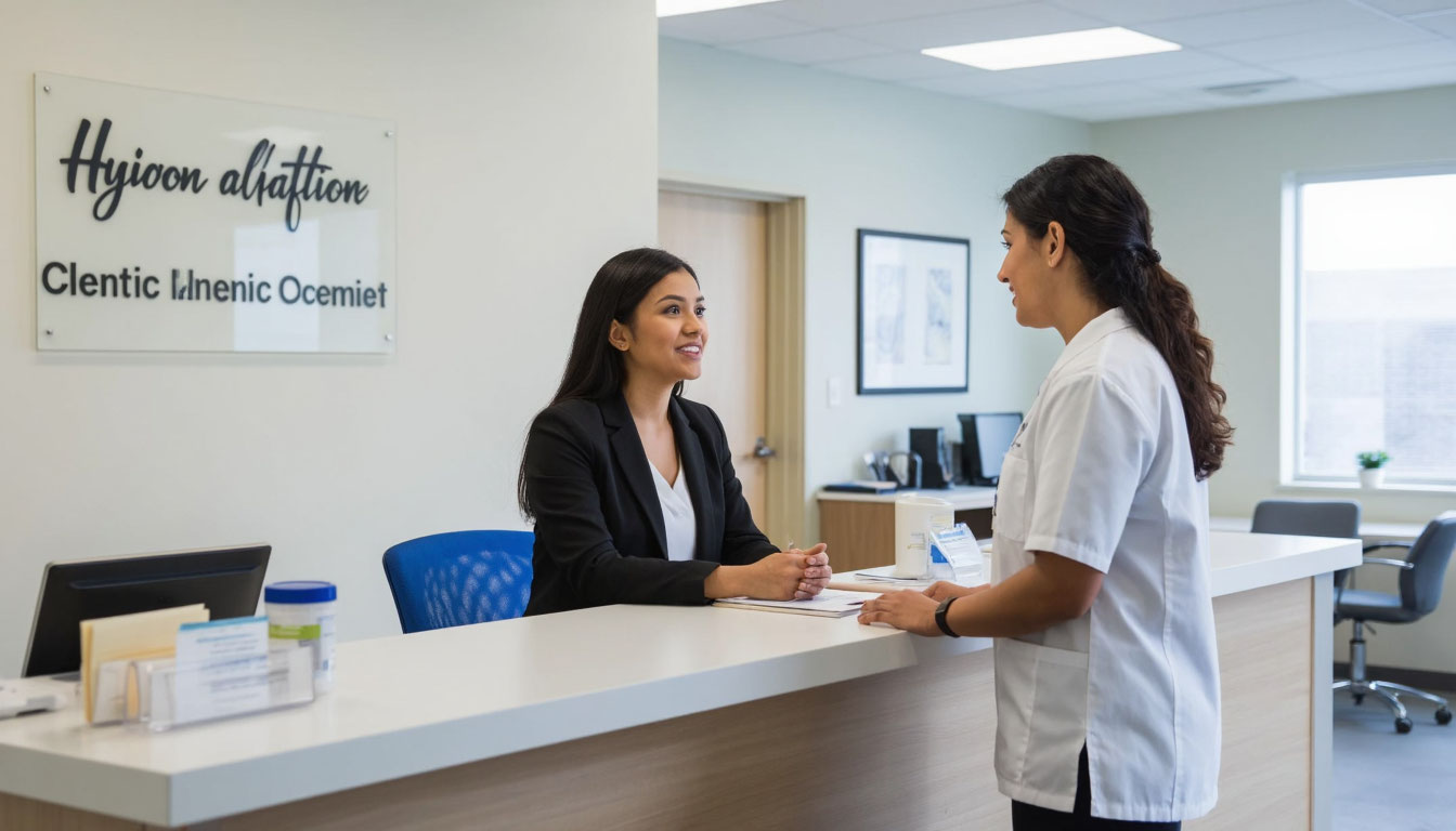 Врач и администратор клиники на ресепшене.