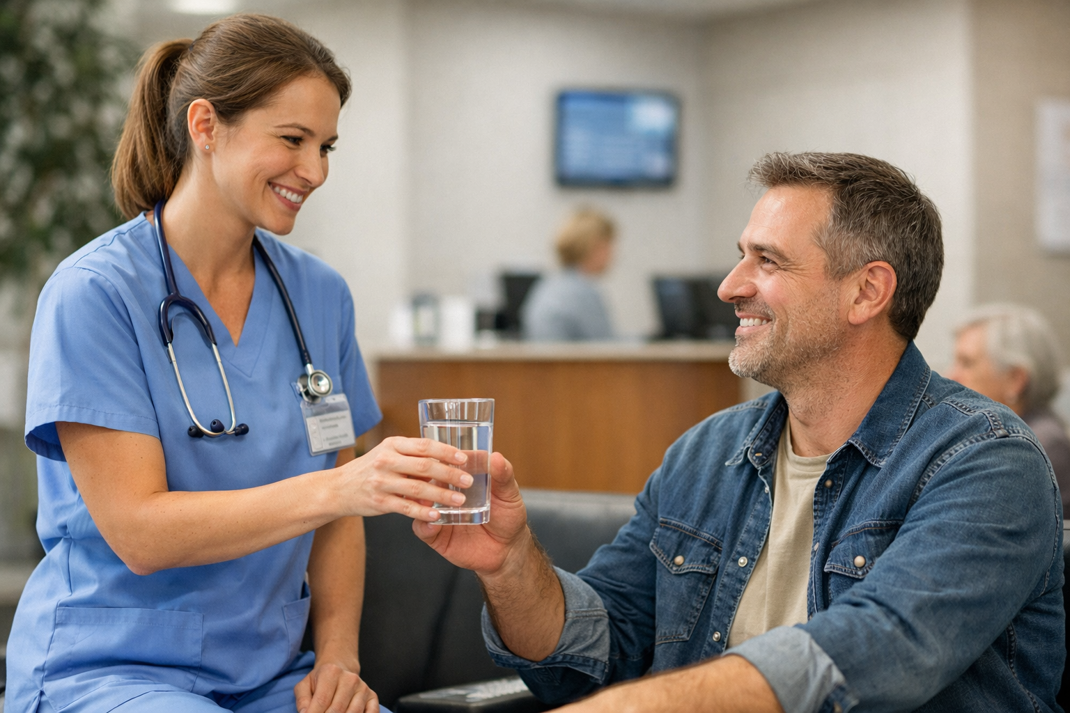 Стакан воды для пациента из рук медсестры.
